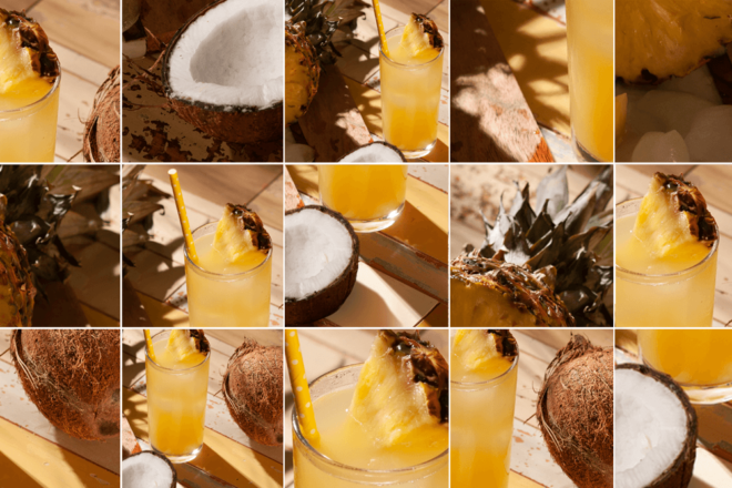 Kokosnuss, Ananas und Getränk im Glas