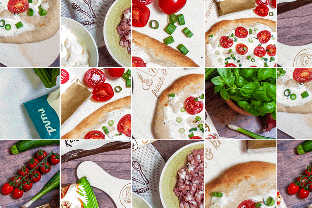 Bild mit verschobenen Kacheln, auf denen man Basilikum, eine Pizza und Speck sieht.