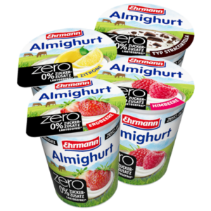 Almiguhrt zero von Ehrmann in den Sorten Erdbeere, Himbeere, Zitrone und Straciatella