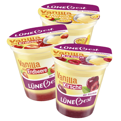 Lünebest Vanille auf Frucht mit Kirschen, Erdbeeren und Pfirsisch-Maracuja